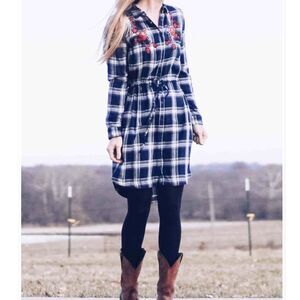 ANA Womens Blue Plaid Embroidered Beaded Floral Tie Waist Flannel Dress Small
